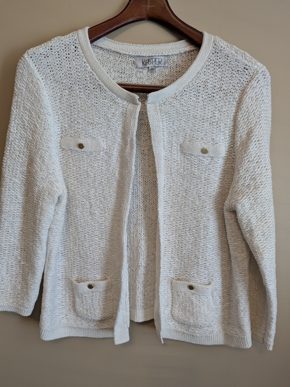 Kasper Cream Ribbon-Knit Open-Front Women's Sweater